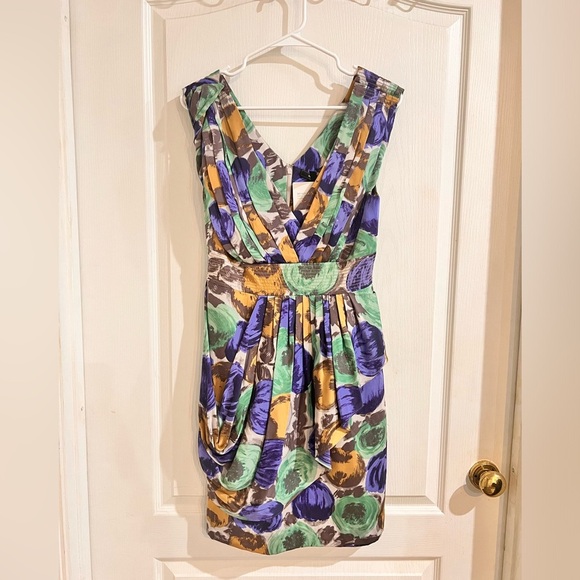 NWT BCBGMAXAZRIA Silk Multicolor Green  Floral Drape Pleated Dress - Picture 1 of 10